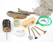 Instant Mini Garden Scene for the Tiny Miniature Garden or Terrarium, Plants, Tools, Bench, over 20pcs.