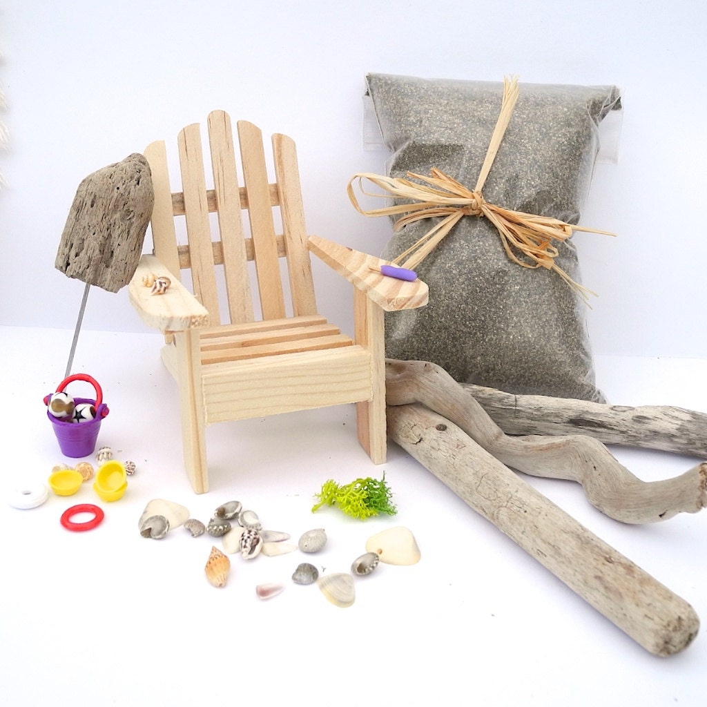 Miniature Garden Beach Set with Adirondack Chair, Beach Toys, Logs, Driftwood, Miniature Sand, over 15 pcs. plus Mini Shells