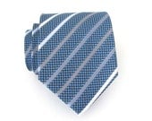 Mens Tie Blue Gray White Stripes Silk Necktie
