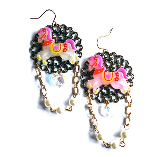 Kawaii Pink Carousel Horse Chandelier Earrings