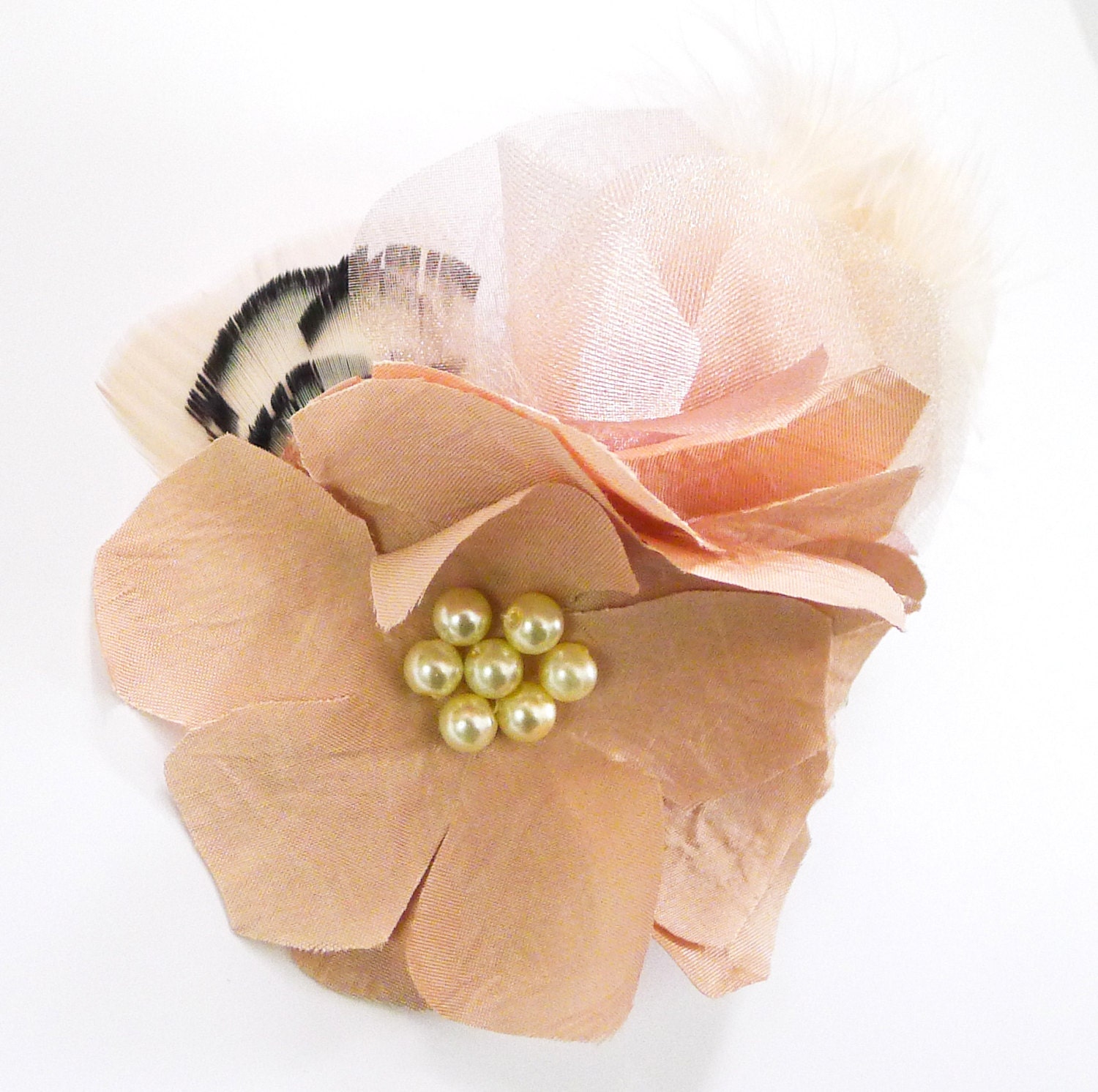 Ashleigh Bridal Blush Hair Flower, Comb, Fascinator, Pink, Feathers, Black, White, Organza, Tulle, Pearls, Ivory, Wedding, Custom