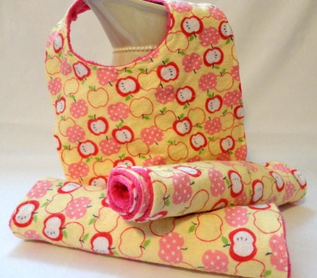 Baby Set, Baby Gift Set, Baby Bib, Burp Cloth - Apples - Flannel & Minky