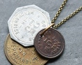 Necklace with Trio of Vintage Metal Trade Token Tags - for men and women