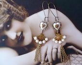 Asia II Earrings - Vintage Inspired Jewelry - Rhinestones - Chalk White - Glass Jewels - Vintage Rose Cabochons - Fans (SD0367)