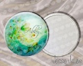 PERSONALIZED POCKET MIRROR  Abstract Floral greens- blues - 2.25 in perfect gift for Valentines Day, bridal party, party favors and more
