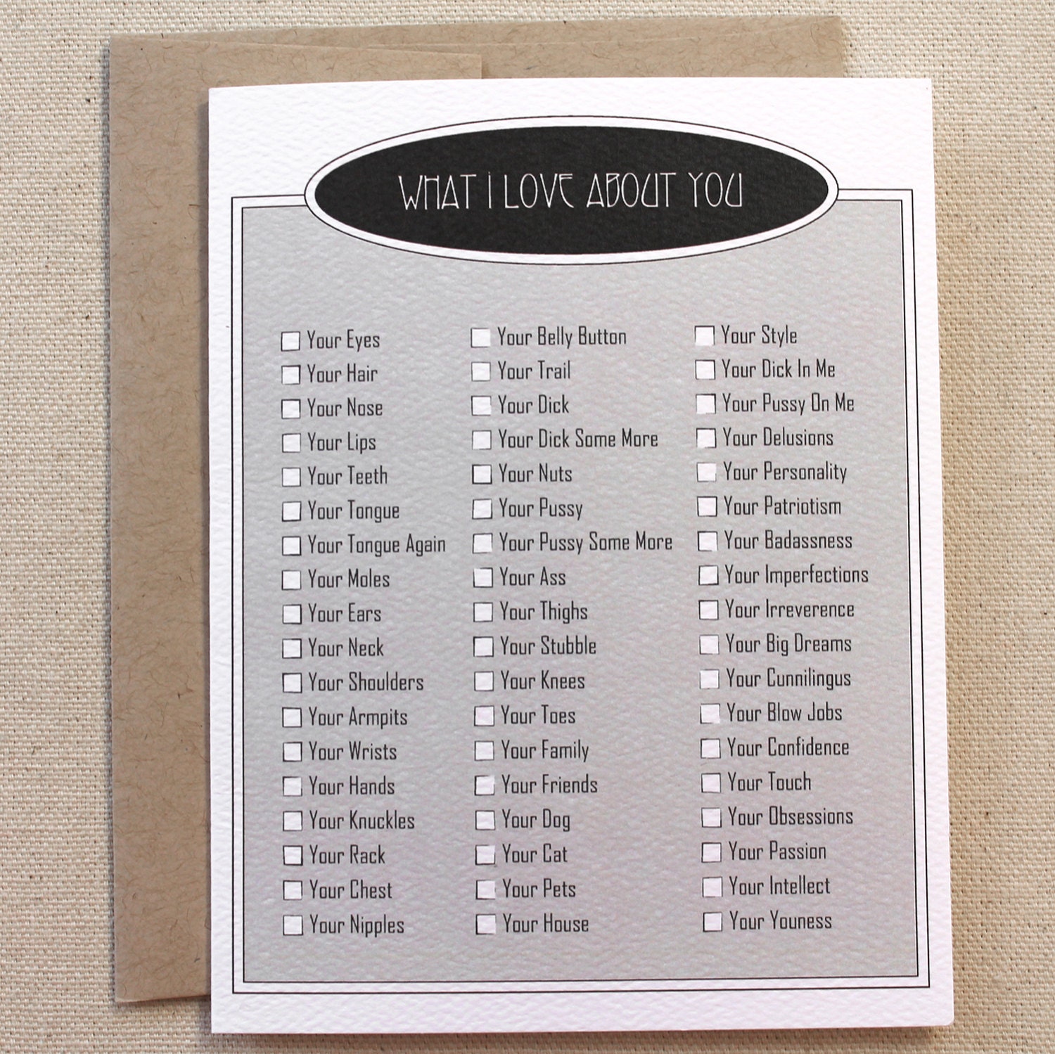 Naughty, Dirty Love Card for Man or Woman, "What I Love About You" (CLV-N001)