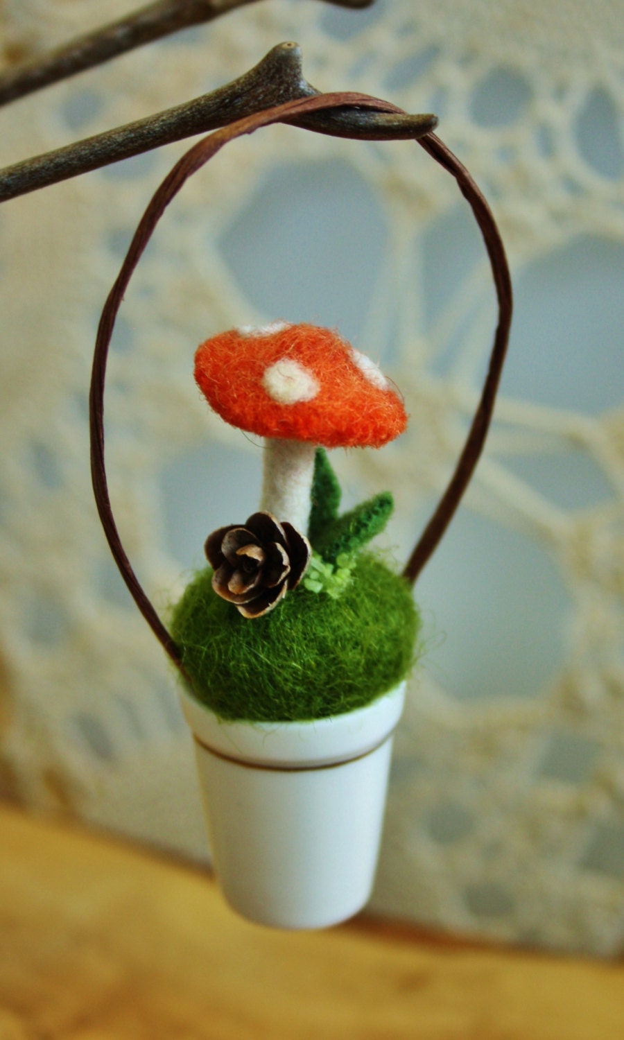 Felt and  porcelain thimble mushroom ornament... orange..