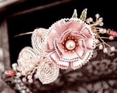 MC BRIDGET - Bridal side tiara  with vintage enamel flower with french beaded leaves and crystals