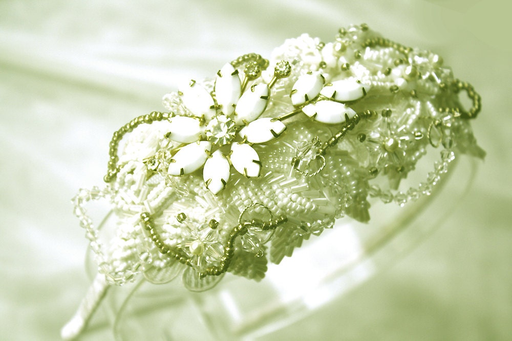 Wedding headband  Bridal side tiara  with vintage rhinestones brooch and hand wired crystals  WHITE ROMANCE