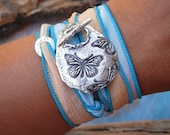 Butterfly Jewelry, Silk Ribbon Bracelet, Silver Toggle, Hand Stamped Butterflies, Wrist Wrap, STERLING SILVER Jewelry by HappyGoLicky