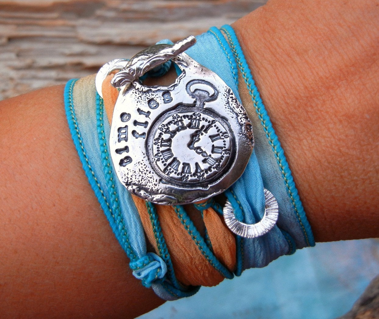 Steampunk Jewelry, Steampunk Clock Bracelet, Inspirational Quote Jewelry, Pocket Watch Clock Parts Bracelet, Time Flies Silk Wrap Bracelet