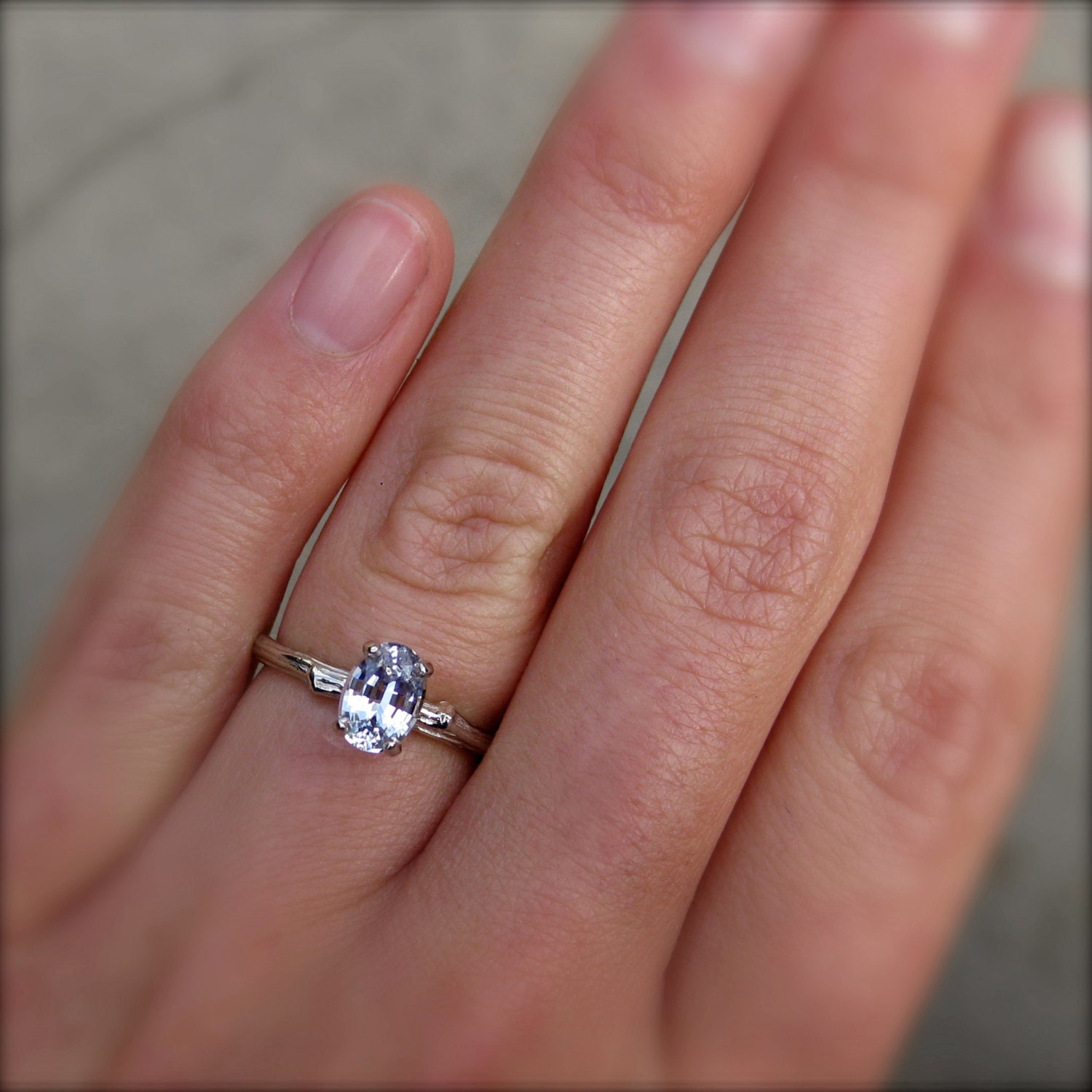 White Sapphire Twig Ring, Oval Cut in 14k White Gold