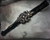 Svelt - Flapper Deco Headband with Black Deco Lace and Gold and Black Rhinestone Accent