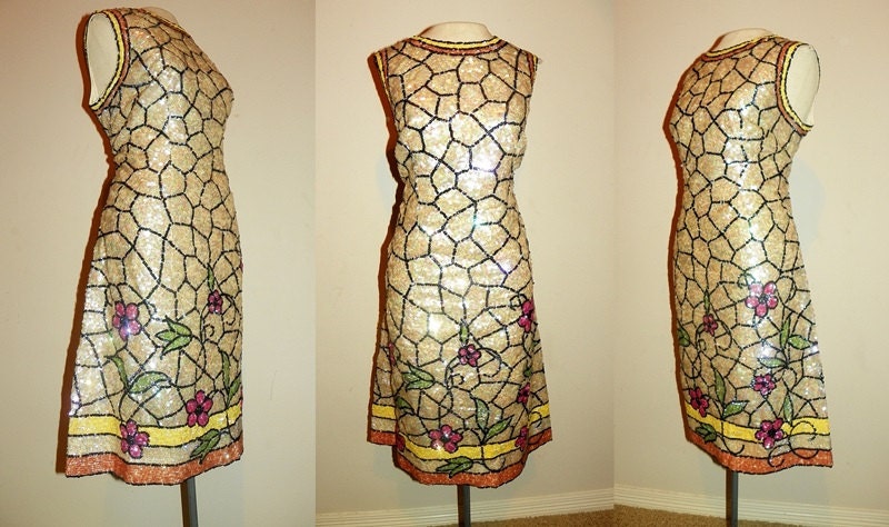 1960's SEQUIN Floral Stained Glass Couture MOD Cocktail Dress Vintage 60's Heavily Sequinned Beaded Sparkle Colorful Wedding Party Dress