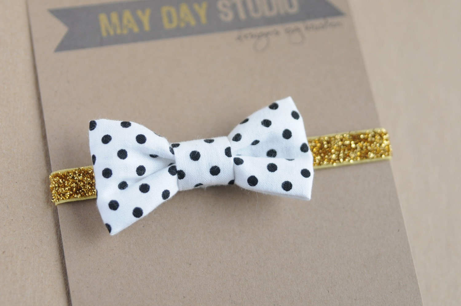 newborn baby toddler girls fabric bow headband - black/white polka dot bow - gold glitter elastic