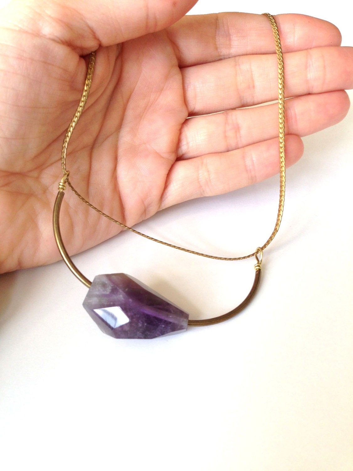 Simple Modern Gemstone Statement Necklace Rough Faceted Purple Amethyst Quartz Love Charm Necklace