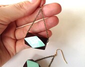 Simple Geometric Faceted Wood Bead Fashion Earrings Mint Green Enamel, Modern Style w/ Pop of Color FREE SHIPPING