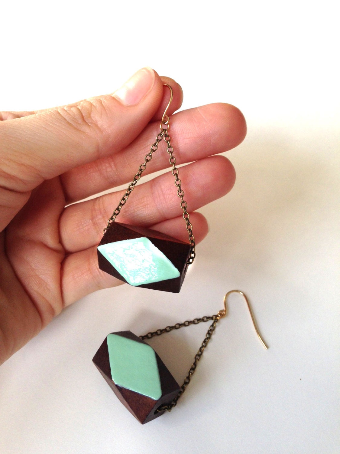 Simple Geometric Faceted Wood Bead Fashion Earrings Mint Green Enamel, Modern Style w/ Pop of Color FREE SHIPPING