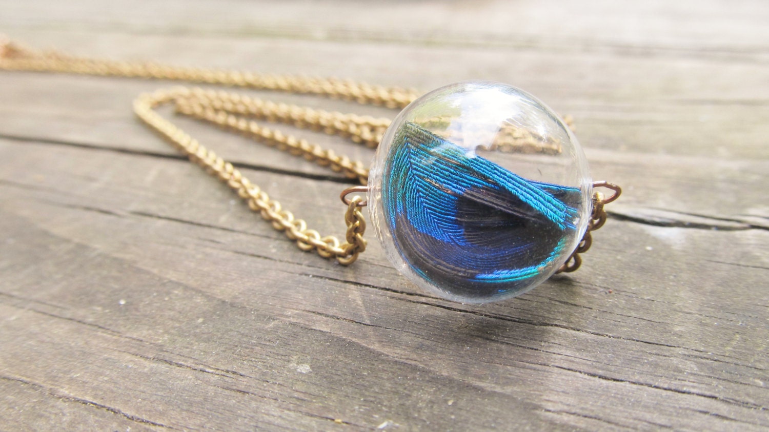 Glass Orb Necklace Rustic Peacock Feather Necklace Jewelry DanielleRoseBean Peacock Necklace Eco Friendly Jewelry