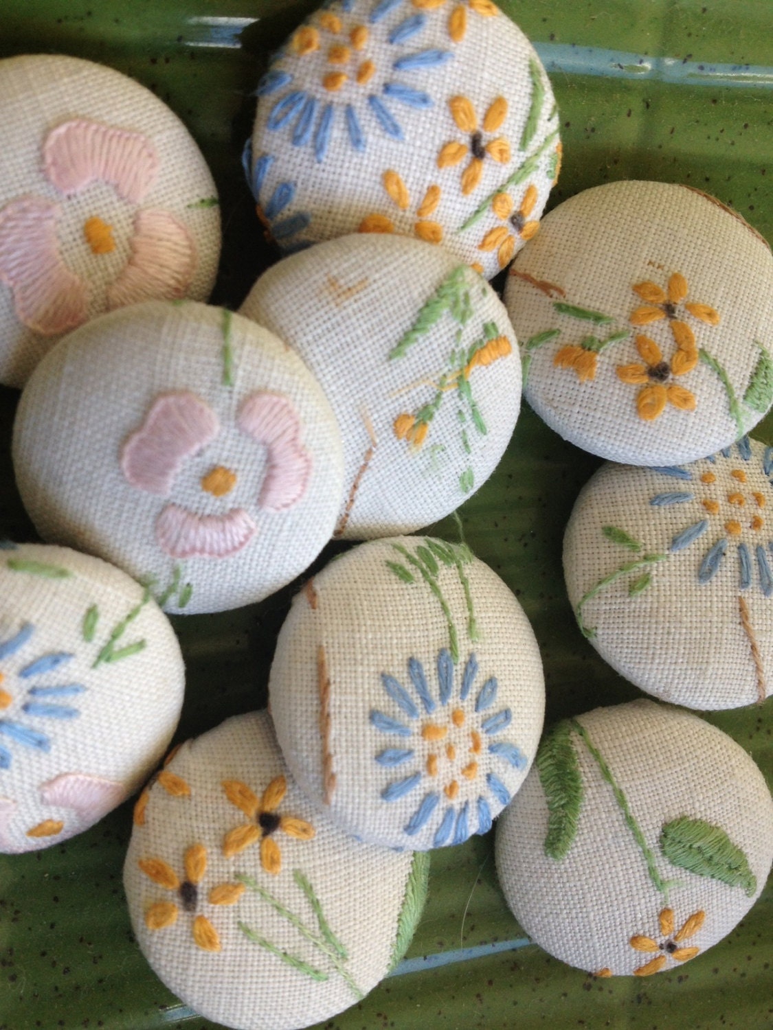 Hand embroidered flower fabric covered buttons x 6 25mm Made from vintage linens