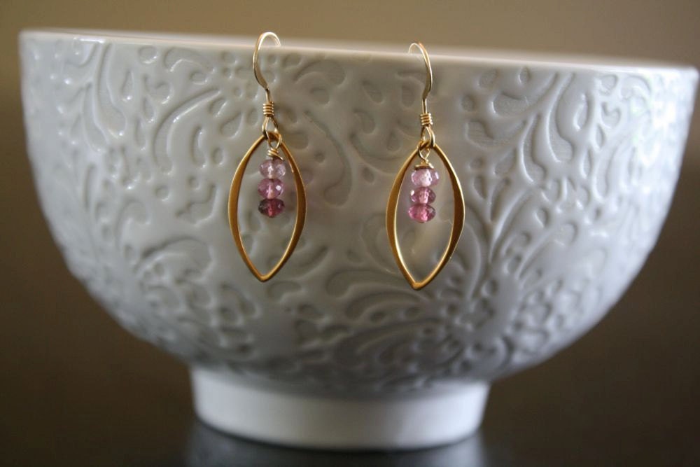 Gold Earrings, Dangle Earrings, Pink Tourmaline, Pink Earrings