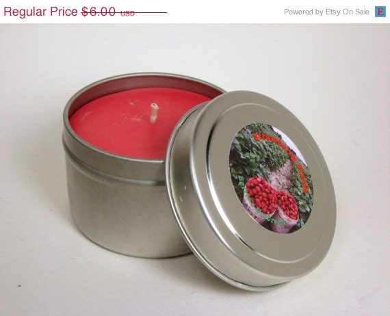 ON SALE Strawberry Fields Scented Soy Candle, Red, Strawberry, Fresh, 4 oz Travel Tin, Hemp wick