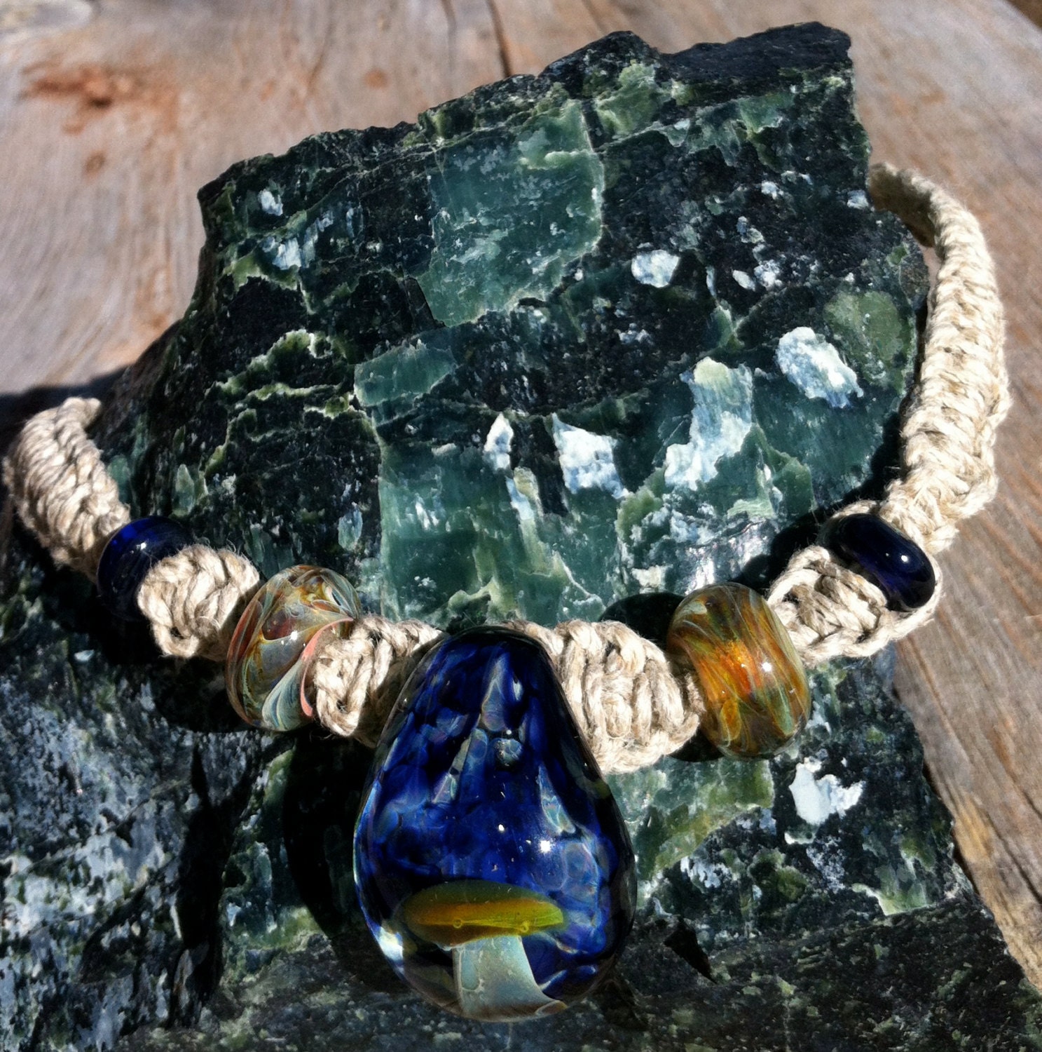 Hemp Choker Necklace with Mushroom Pendant