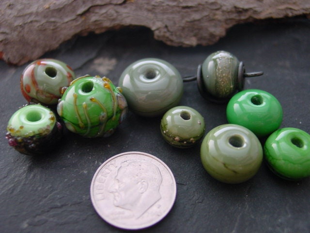 Handmade Lampwork Glass Bead Set. Jewelry Supply. Earthy Greens. LWS-37