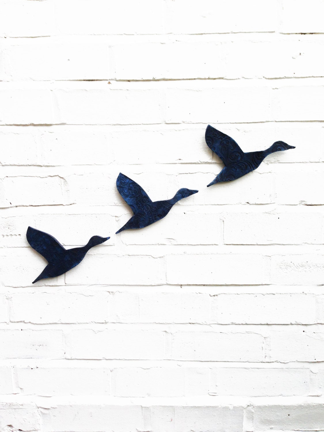 Ceramic wall art Flock Flying ducks in navy cobalt blue Set of 3 pottery birds Home decor Garden Art Garden Decor