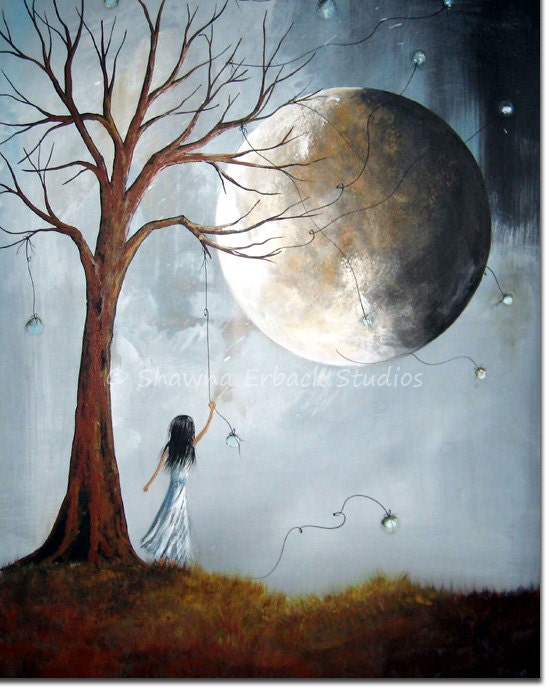 SURREAL ART PRINT blue moon girl dreaming dreamscape dead tree landscape grass medium wall decor 8x10 - shawnaerback