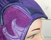 Cat-Ear Aviator Hat in Navy Blue / Purple Leather/ Suede