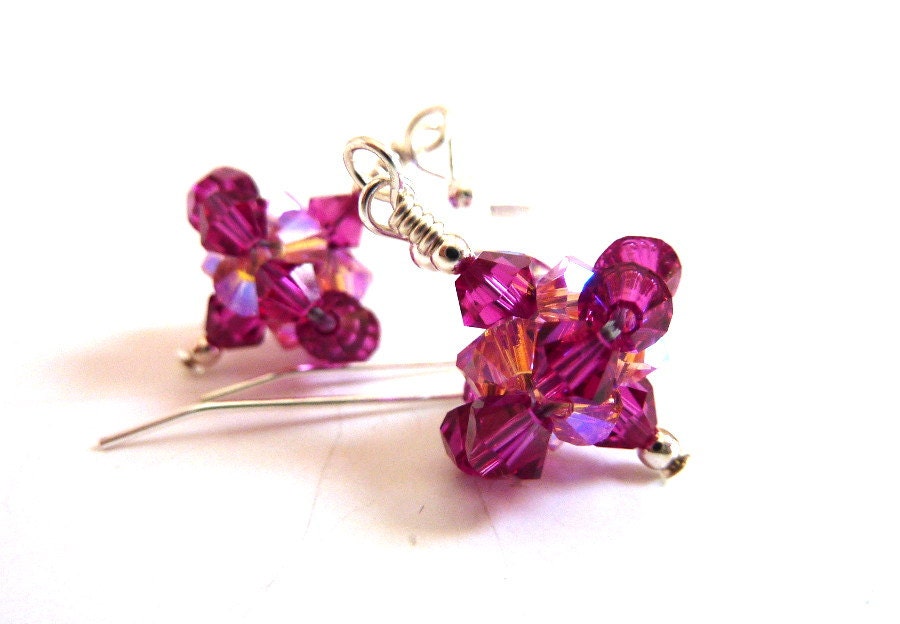 Pink Crystal Earrings, Rose Fuchsia Swarovski Crystal Handwoven Earrings, Sterling Silver, Gift for Her, Pink Tops