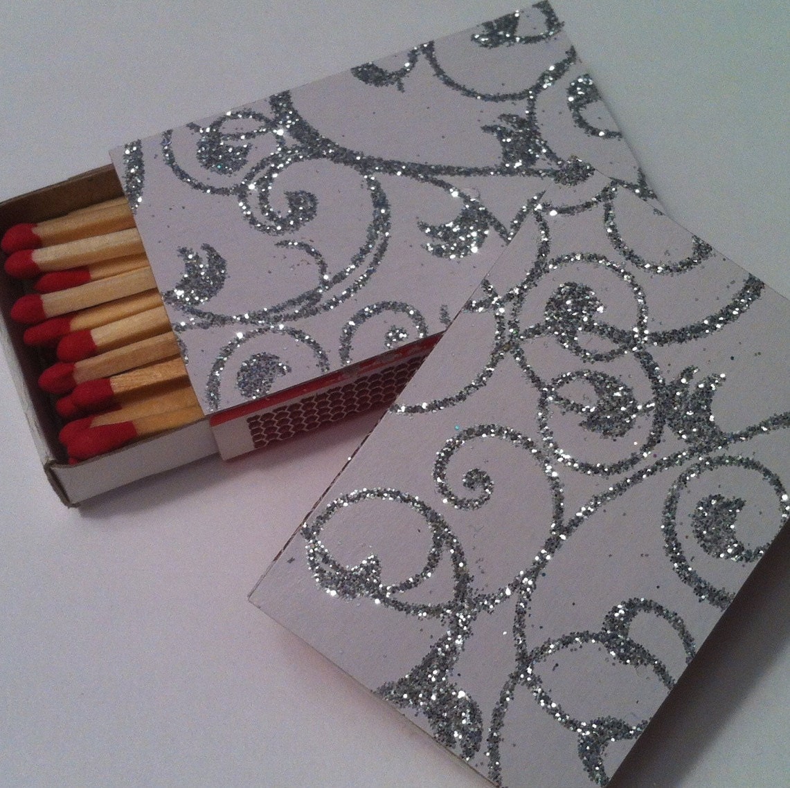 10 Matchbox Wedding Favors Silver Glitter White Spiral