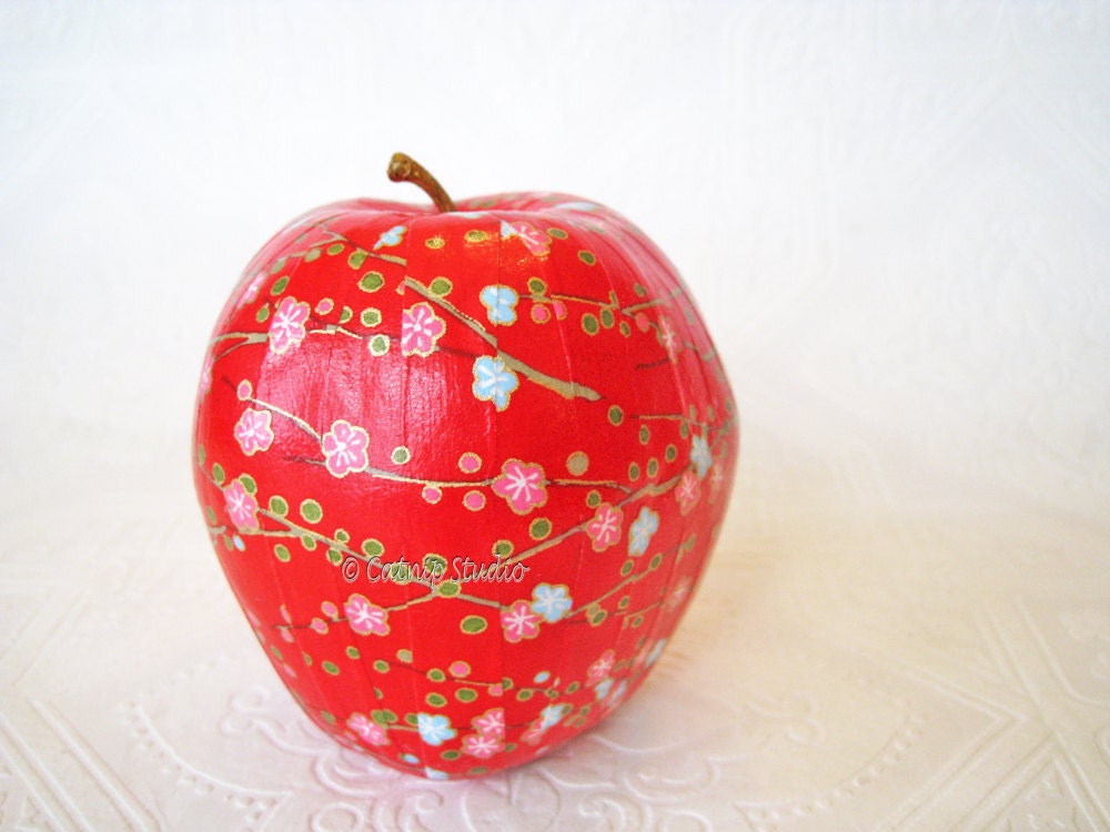 Apple Ornament, Red Apple Ornament, decoupage apple ornament, red origami ornament, pink cherry blossoms, floral, fall autumn thanksgiving