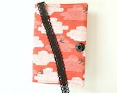 Small Sketchbook Cover Red Orange Black Birds Clouds Lace Trim Bookmark Vintage Button