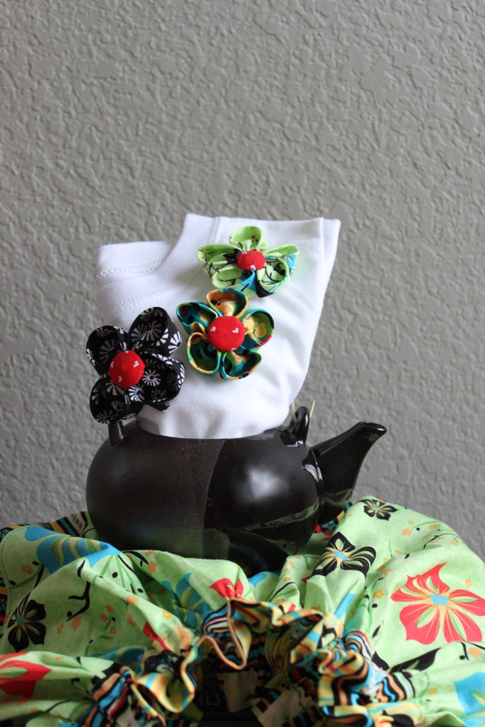 Green Tea Fortune Cookie Ruffle Top Skirt Set -- Size 3T OOAK Kanzashi Flower Tshirt Twirl Skirt