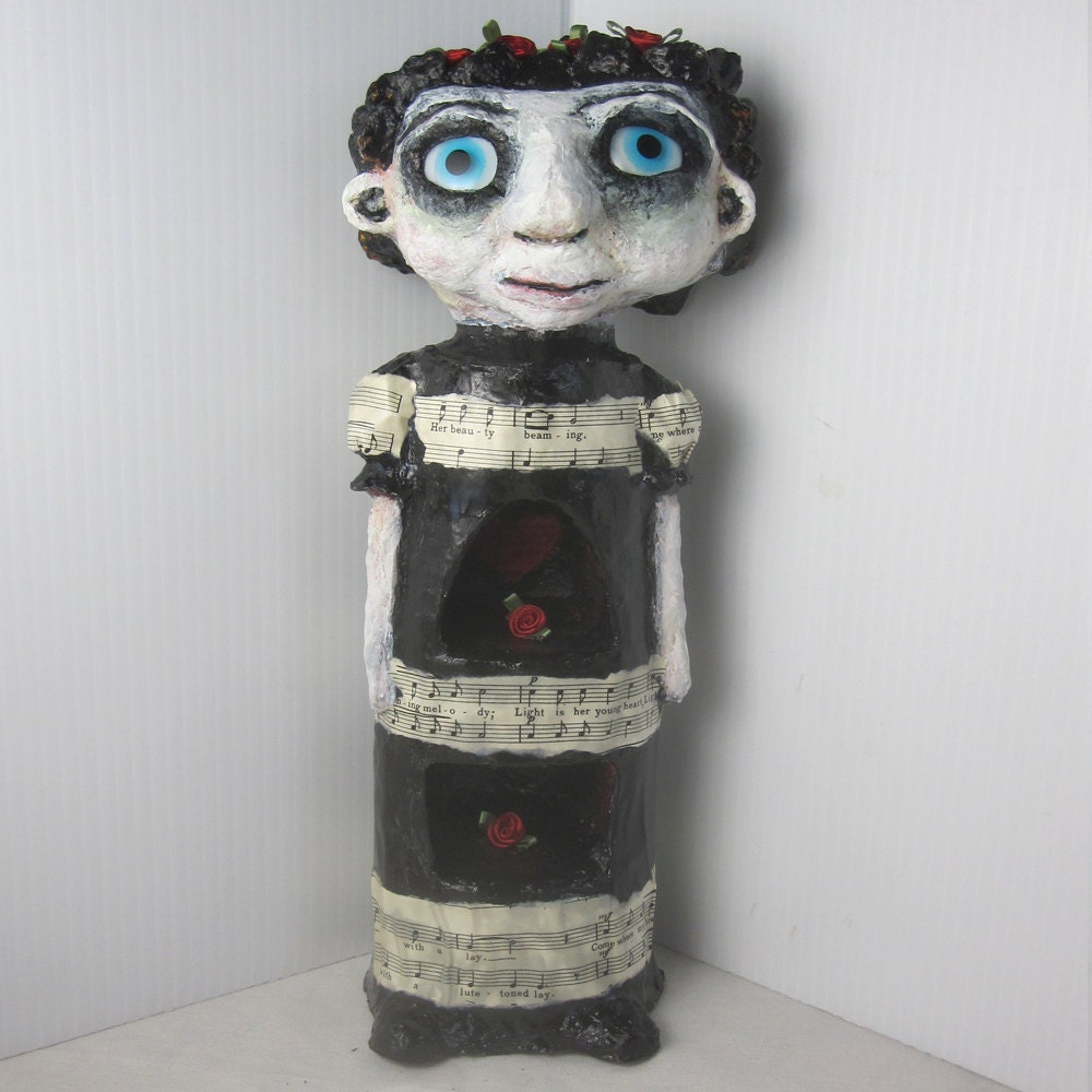 Blue Eyed Susan Gothic Zombie Ghost Girl Creepy Cute Emo Style Figurine Sculpture paper clay collage paper mache mixed media