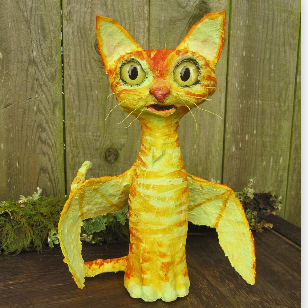 Smaug, Winged Orange Tabby Cat Dragon Fairy Angel Figurine Sculpture paper clay paper mace mixed media