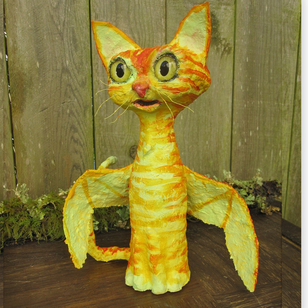 Smaug, Winged Orange Tabby Cat Dragon Fairy Angel Figurine Sculpture paper clay paper mace mixed media
