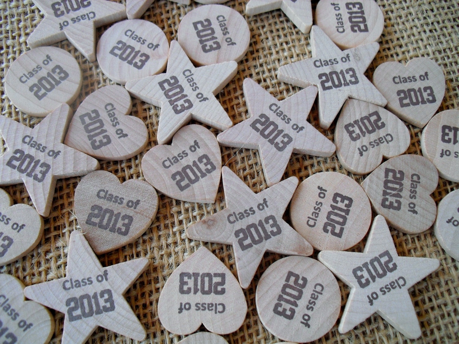 Personalized Graduation Confetti - Wood Hearts Stars Circles - Item 1529