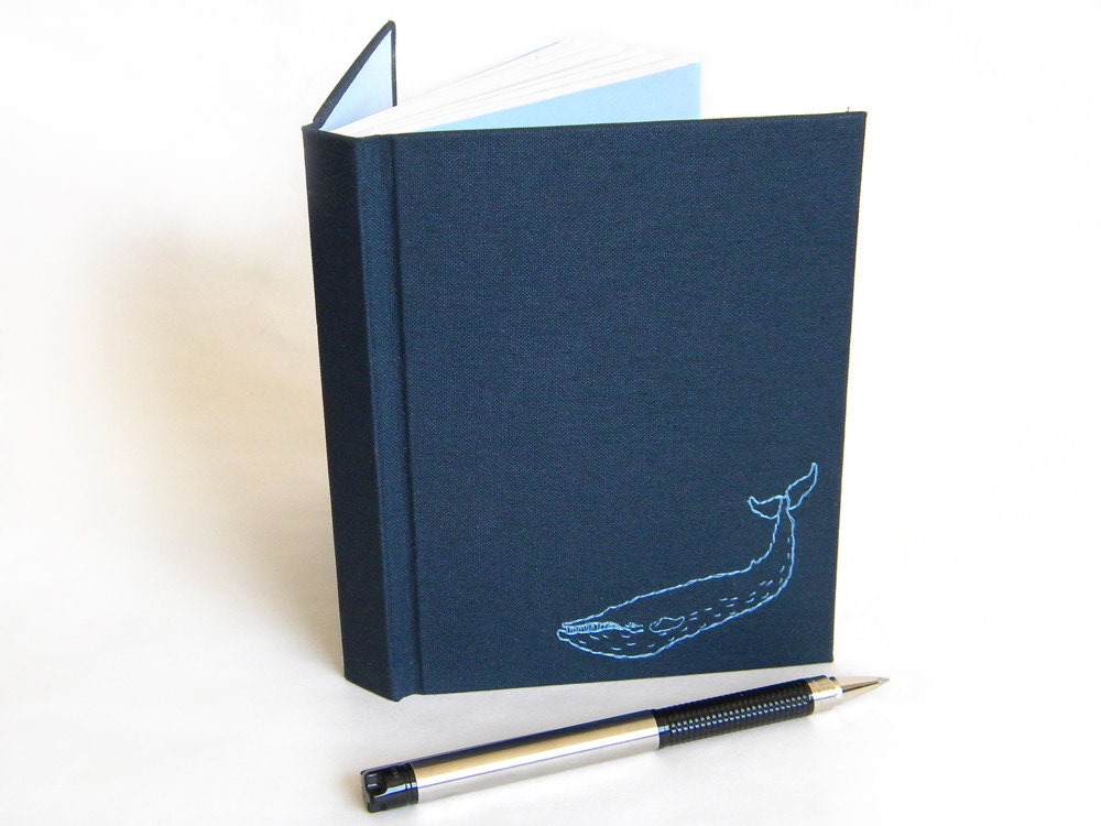 Small Handmade Journal - Whale Embroidery - Blue Journal - Unlined