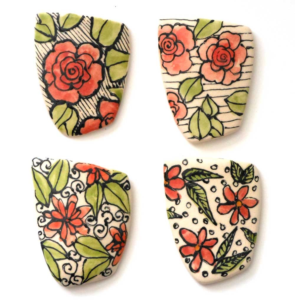 4 Hand Painted Ceramic Red Flower Tiles
