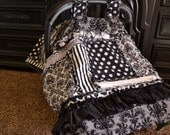 Boutique Car Seat Tent Rag Quilt, Baby Blanket, Ruffled Black, White, and Cream, Made to Order