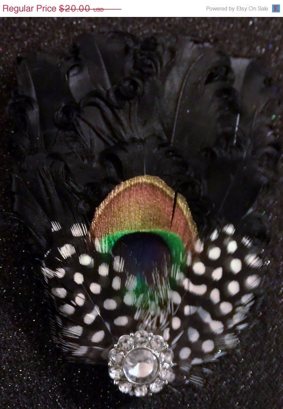 ON SALE Black, Black fascinator, peacock, peacock feather, rhinestone, hair, hair clip, hair fascinator, pin up, bridal, wedding