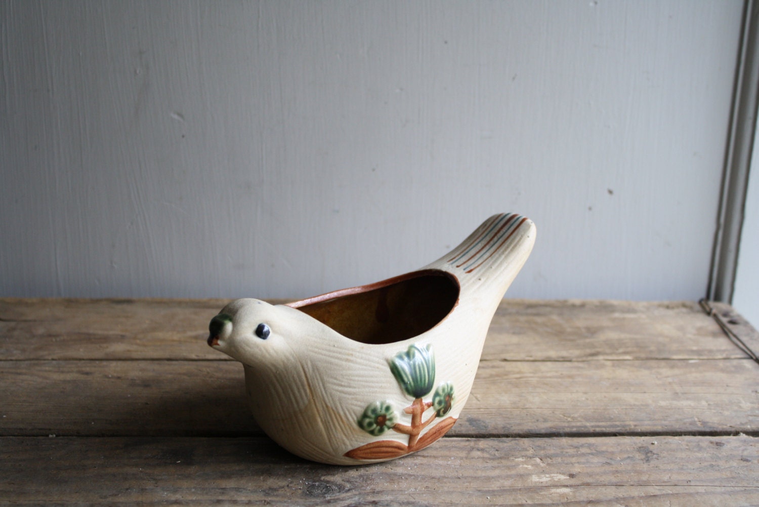 vintage clay bird planter