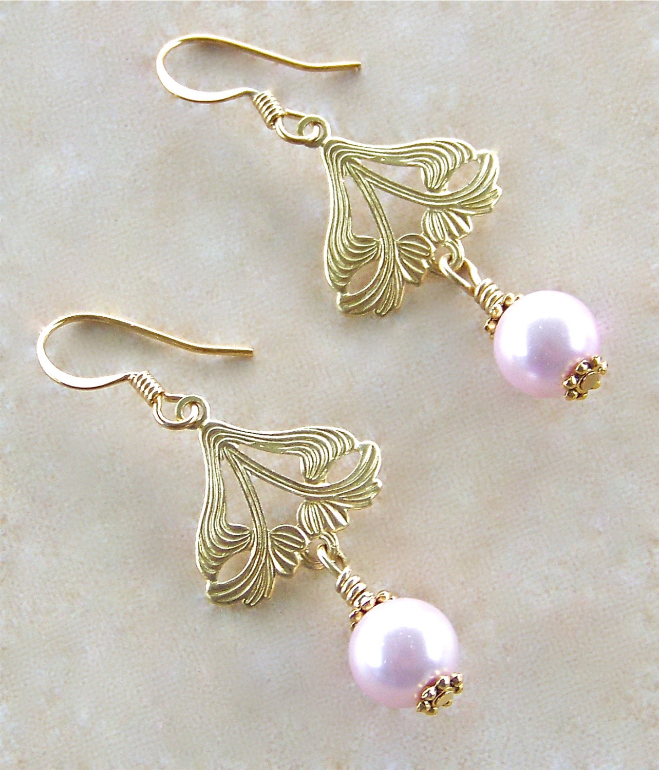 Cultured Pink Pearl Art Nouveau Earrings
