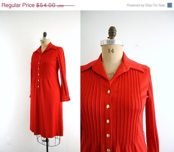 75% Off Last Chance Sale- Vintage Vibrant Red Dress . Pintuck . Shirt Dress . 1970s 70s . Medium - Large