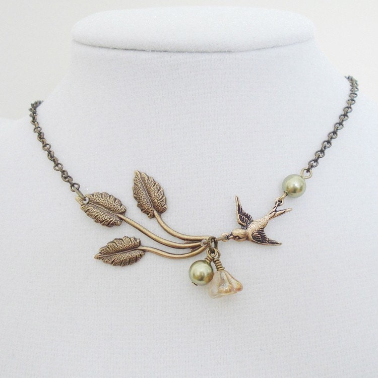 Bird Twig Statement Necklace, Choker, Lariat, Wedding Necklace, Pendant, Bridesmaid Necklace, Brass Twig Branch Sparrow