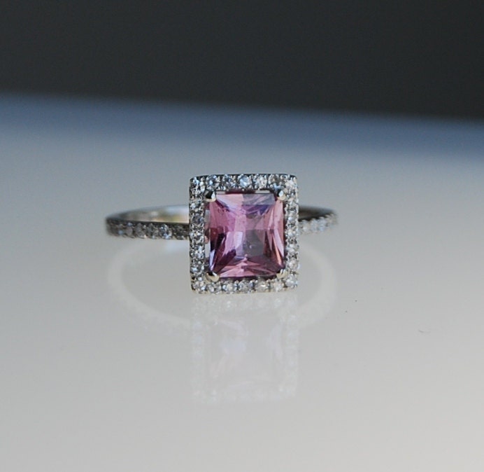 1.2ct Princess Lavender Peach sapphire diamond ring 14k white gold diamond ring