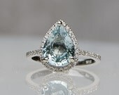 Ocean seafoam blue green pear sapphire diamond ring 14k white gold
